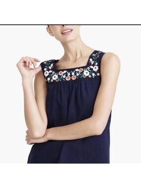 NWOT J Crew Floral Embroidered Navy Yoke Dress Linen Blend Size Small